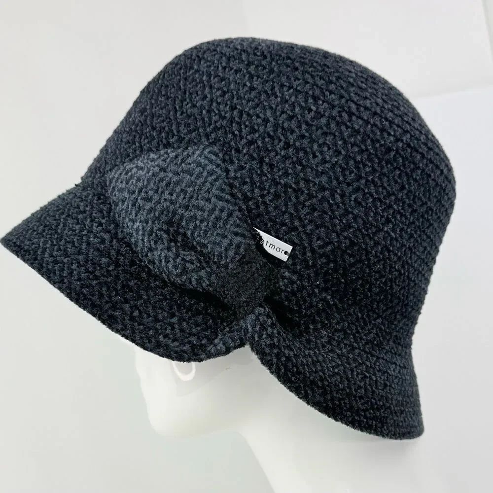Betmar Navy Blue Soft Woven Bow Embellished Cloche Hat